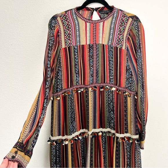 Zara Striped Pom Pom Festival Dress Size Small - Picture 3 of 9